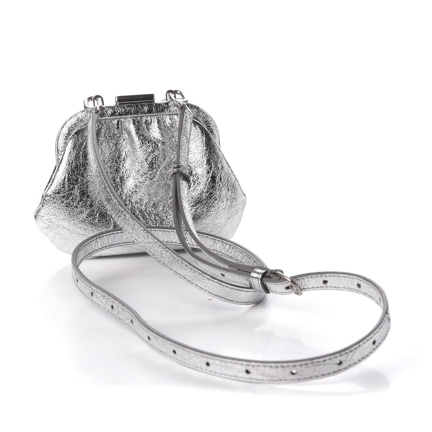 Metallic Textured Calfskin Logo Cloud Coin Purse With Strap Silver