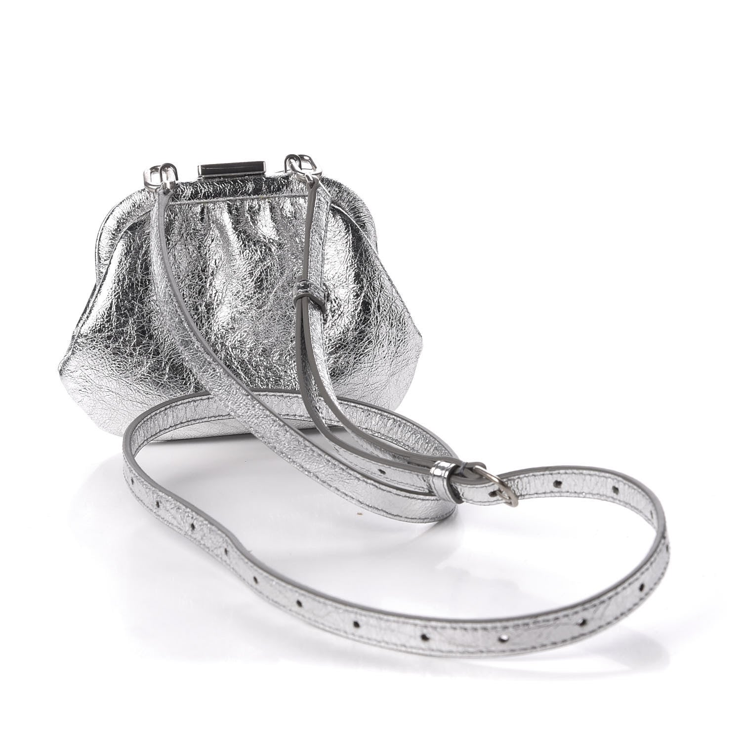 Balenciaga Metallic Textured Calfskin Logo Cloud Coin Purse With Strap Silver 2 of 10