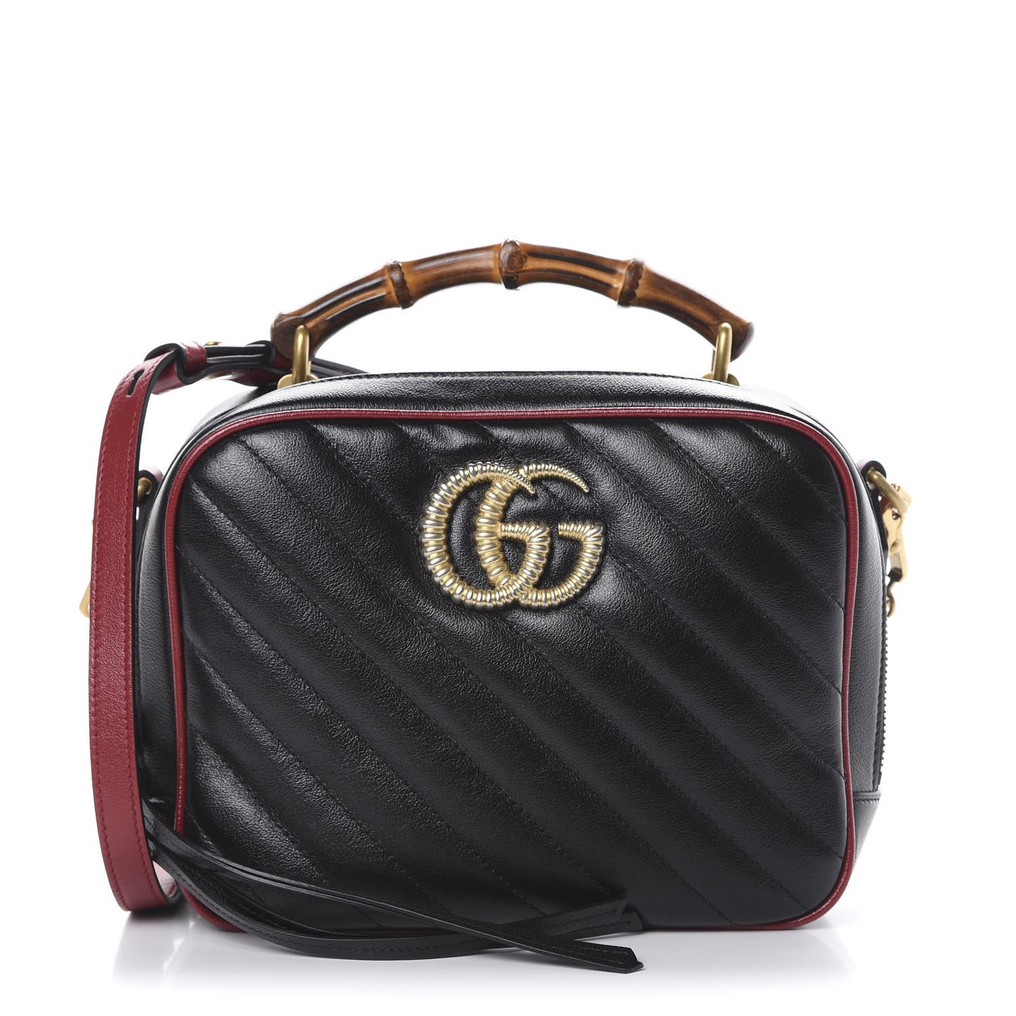 Vintage Effect Calfskin Matelasse Diagonal Small Torchon GG Marmont Bamboo Top Handle Shoulder Bag Black Romantic Cherry
