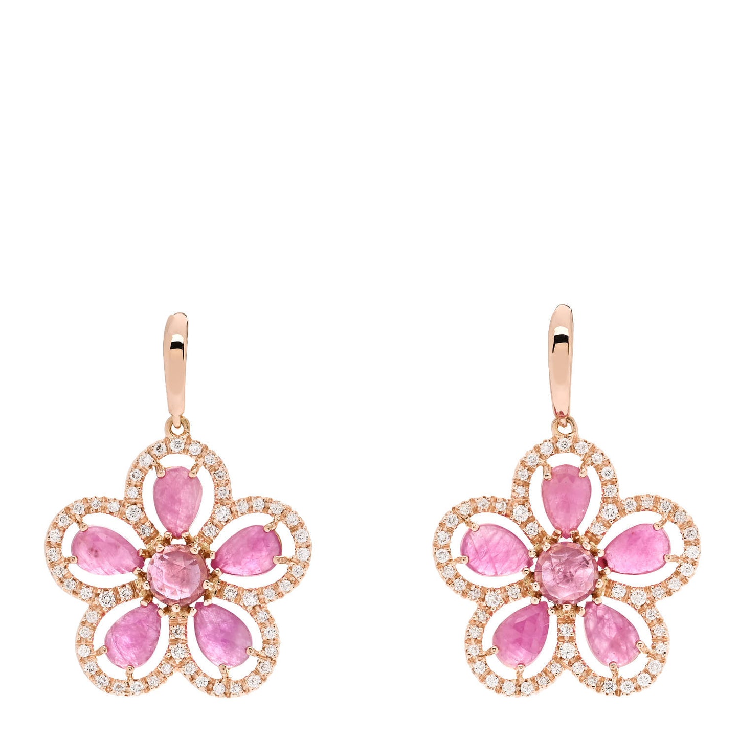 18K Rose Gold Diamond Pink Sapphire Flower Drop Earrings