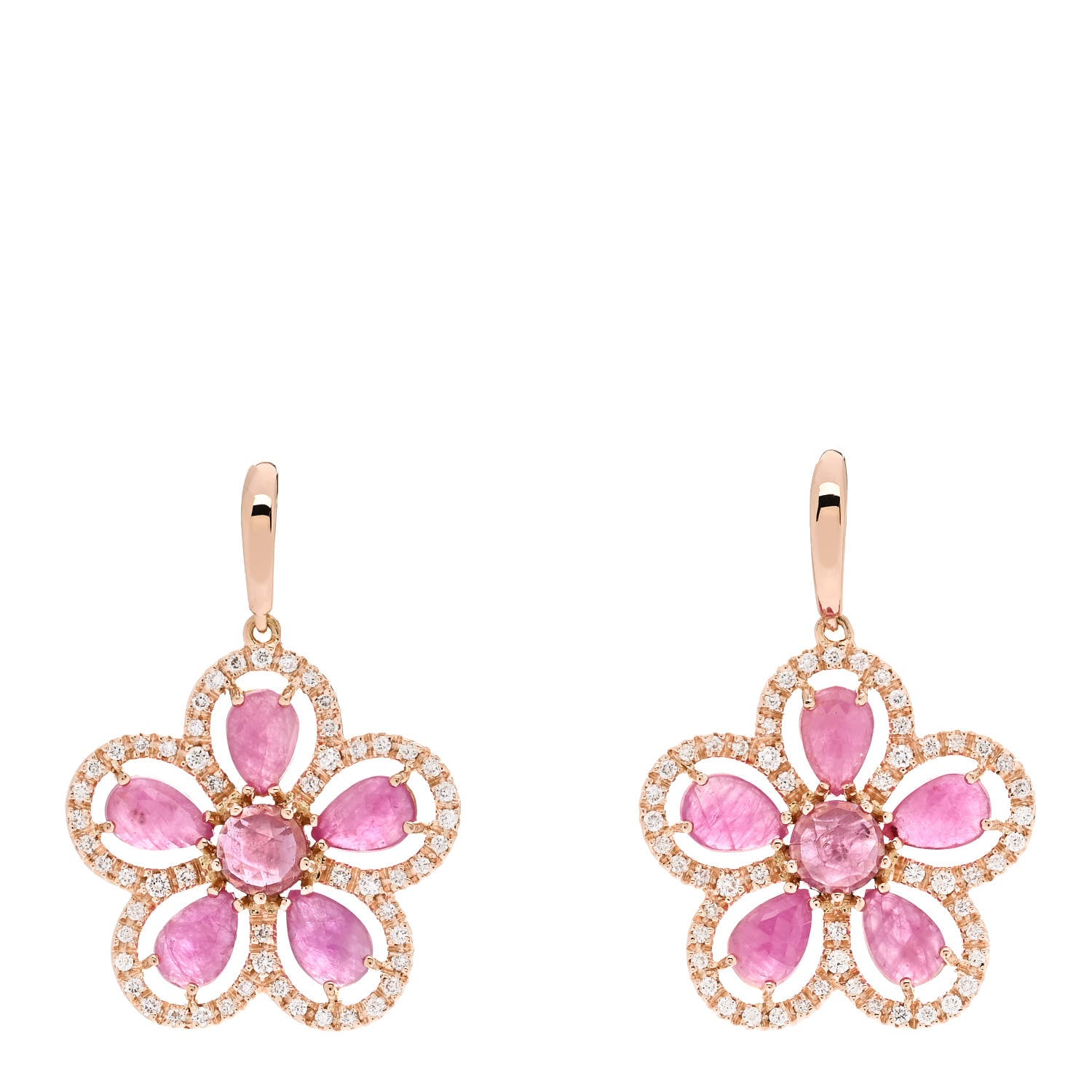 Roberto Coin 18K Rose Gold Diamond Pink Sapphire Flower Drop Earrings 1 of 4