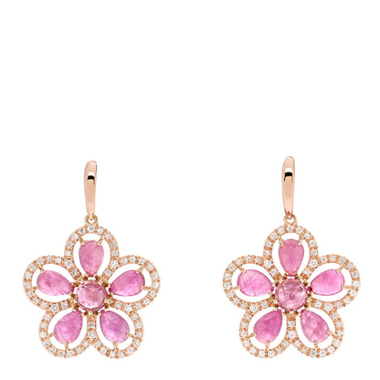 Roberto Coin 18K Rose Gold Diamond Pink Sapphire Flower Drop Earrings 1 of 4