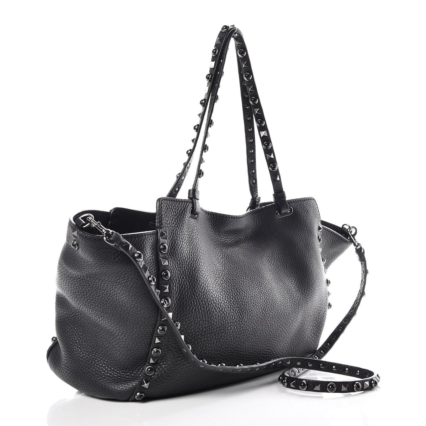 Grained Calfskin Onyx Medium Rockstud Rolling Tote Black