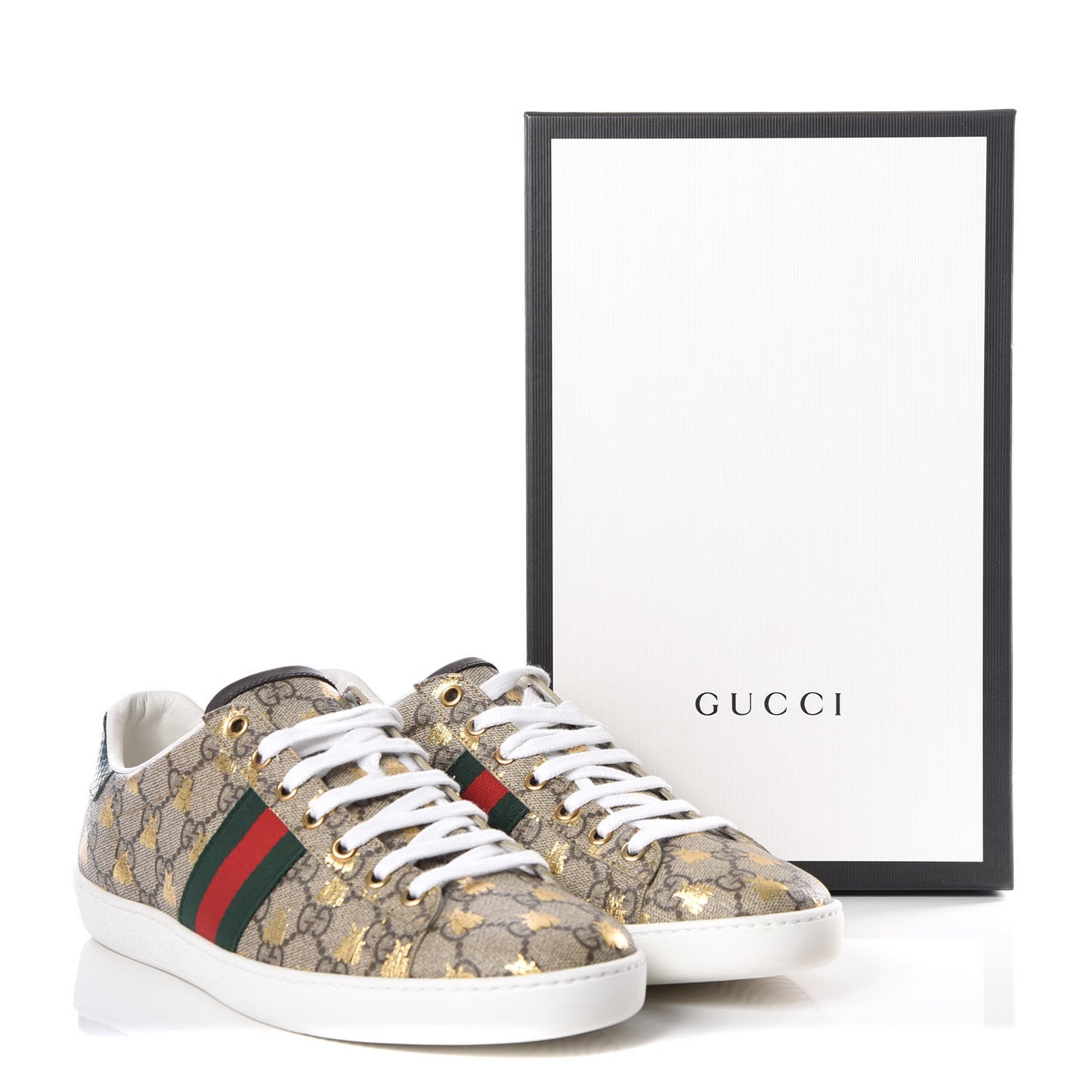 GG Supreme Monogram Bees Ayers Web Womens Ace Sneakers 40.5 Beige Oro Green Red