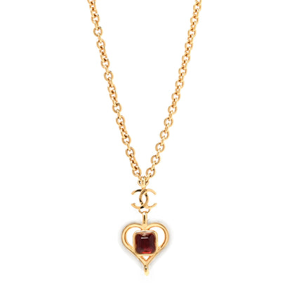 Chanel Resin Crystal Heart CC Pendant Necklace Red White Gold 1 of 5