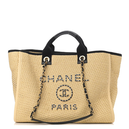 Chanel Straw Raffia Calfskin Chain Medium Deauville Tote Beige Black 2 of 17