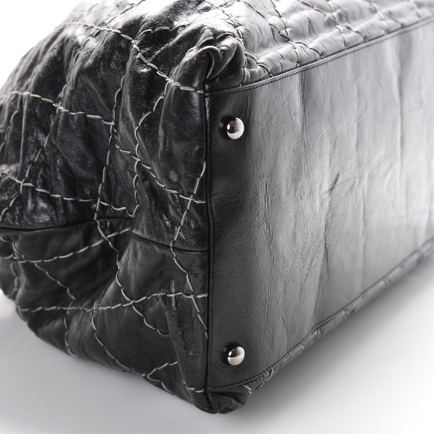 Glazed Goatskin Double Contrast Stitch Tote Black