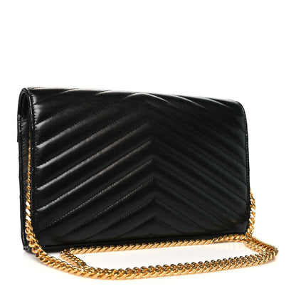 Saint Laurent Grain De Poudre Matelasse Chevron Monogram Chain Wallet Black 3 of 11