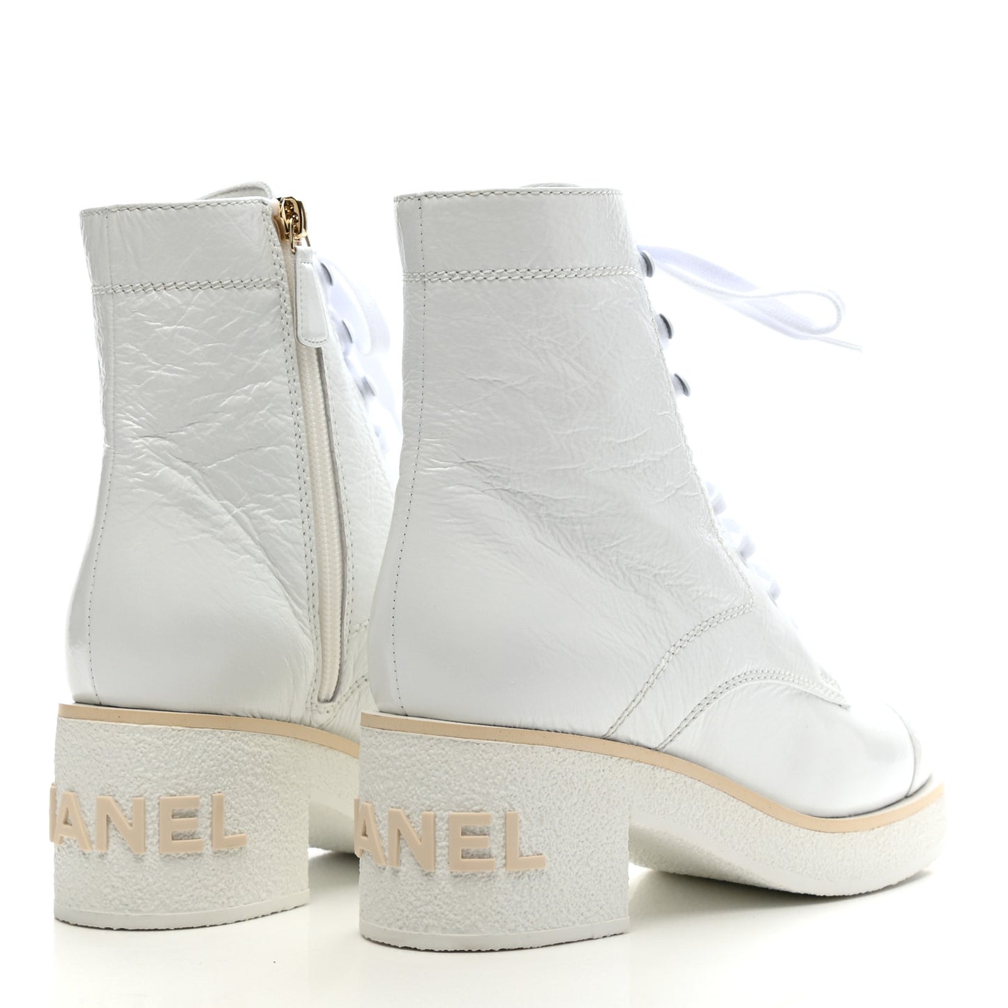 Shiny Crumpled Lambskin Lace Up Combat Boots 35.5 White