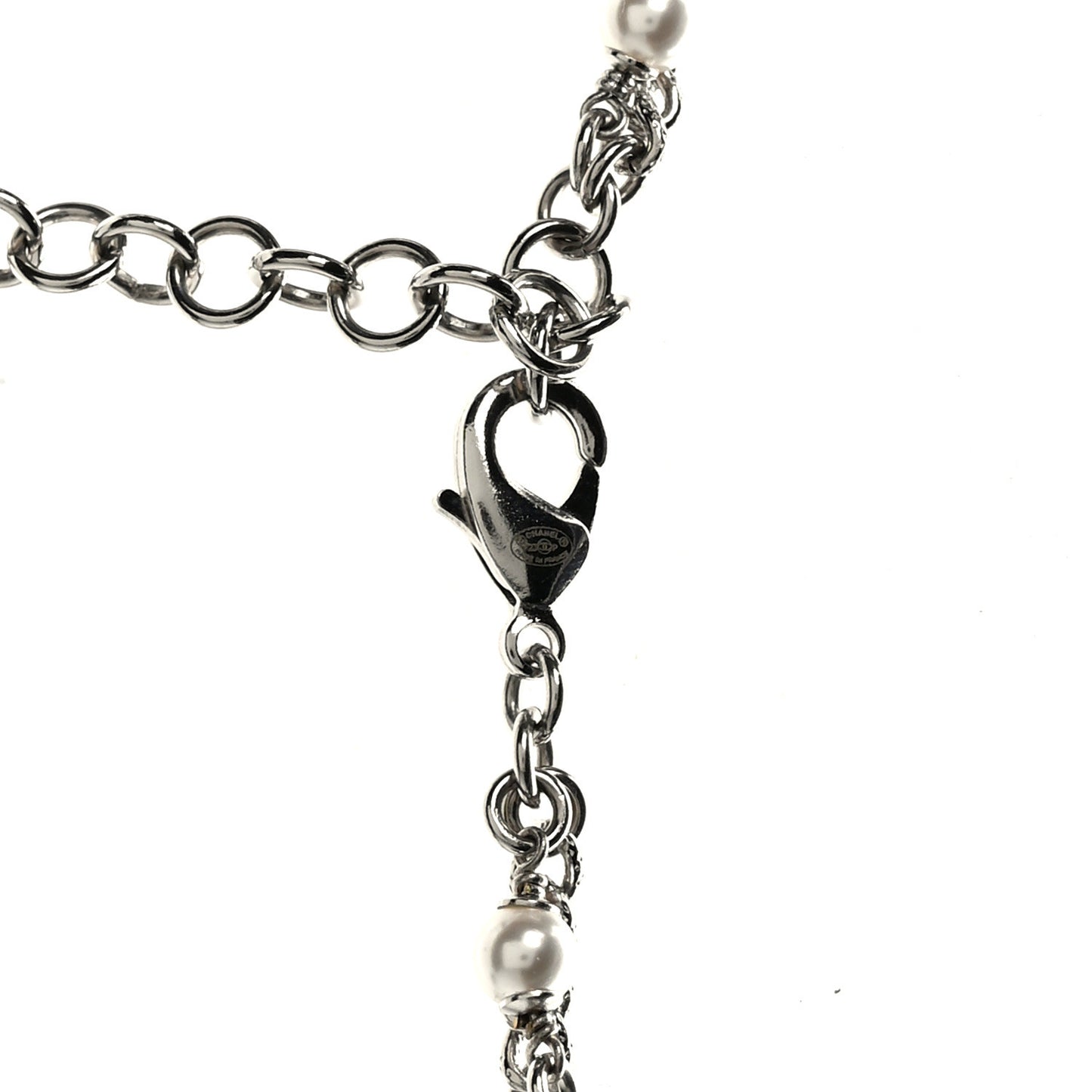 Pearl Crystal Strand CC Long Necklace Silver