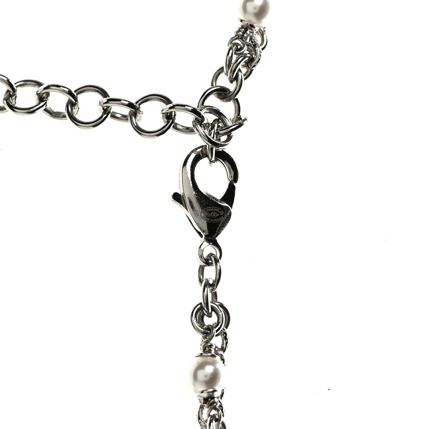 Chanel Pearl Crystal Strand CC Long Necklace Silver 5 of 6