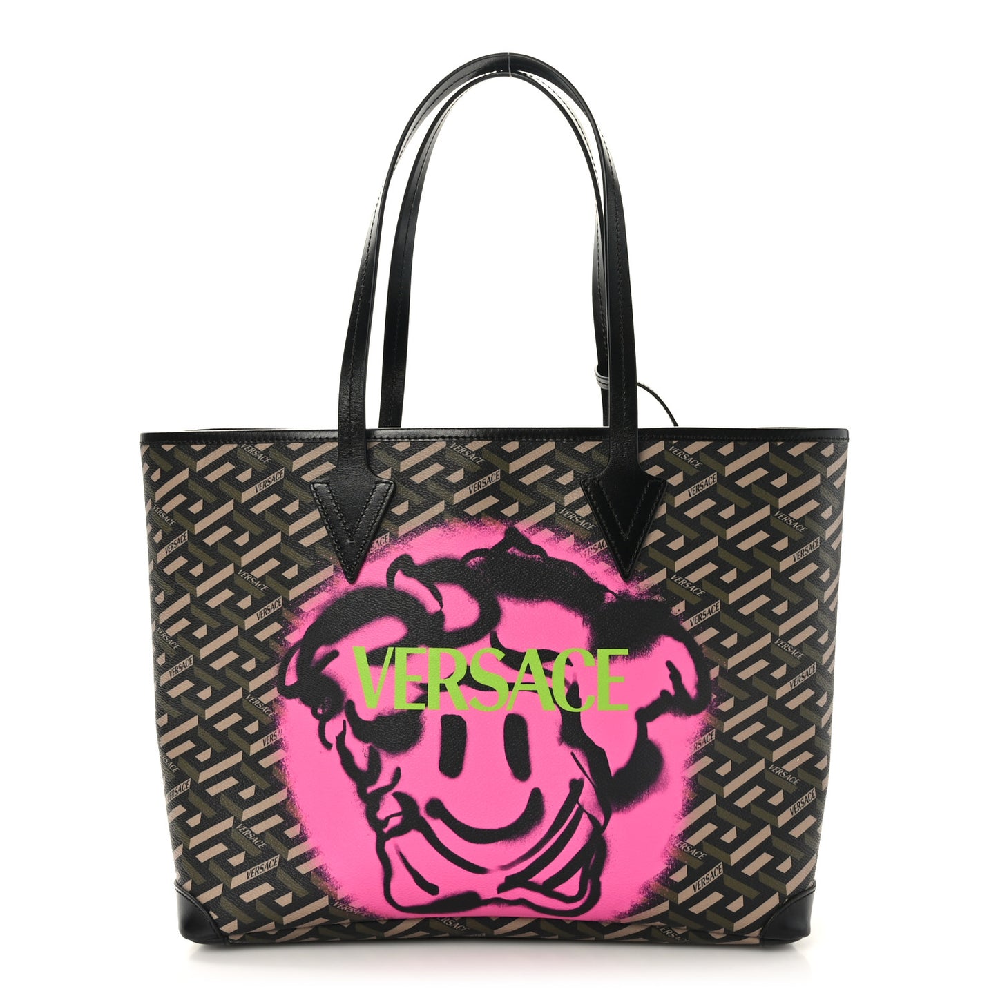 Coated Canvas Calfskin La Greca Smile Signature Shopper Black Khaki