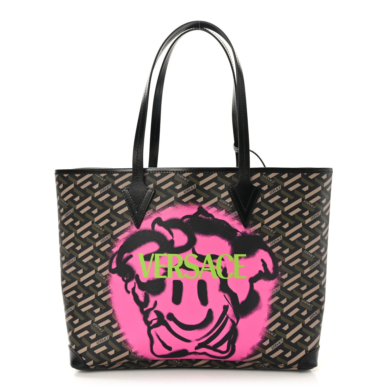 Versace Coated Canvas Calfskin La Greca Smile Signature Shopper Black Khaki 1 of 8