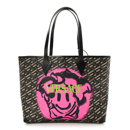 Versace Coated Canvas Calfskin La Greca Smile Signature Shopper Black Khaki 1 of 8