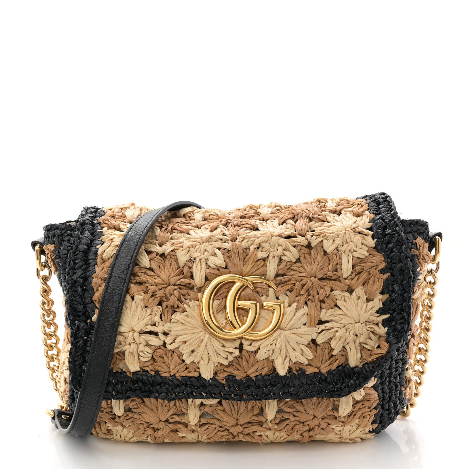 Gucci Raffia Crochet GG Marmont Shoulder Bag Black Natural Ecru Black 1 of 12