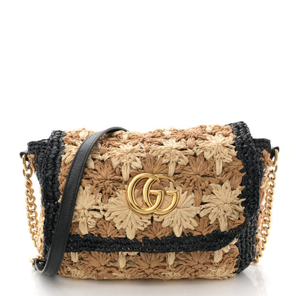 Gucci Raffia Crochet GG Marmont Shoulder Bag Black Natural Ecru Black 1 of 12