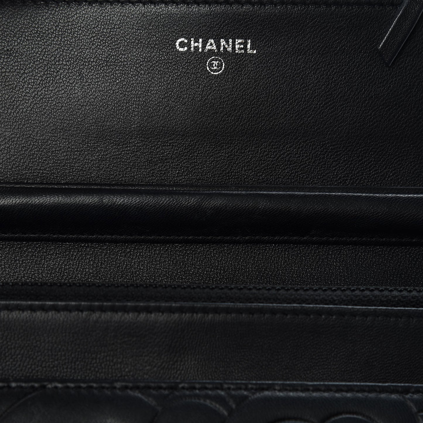 Lambskin Camellia Embossed Wallet On Chain WOC Black