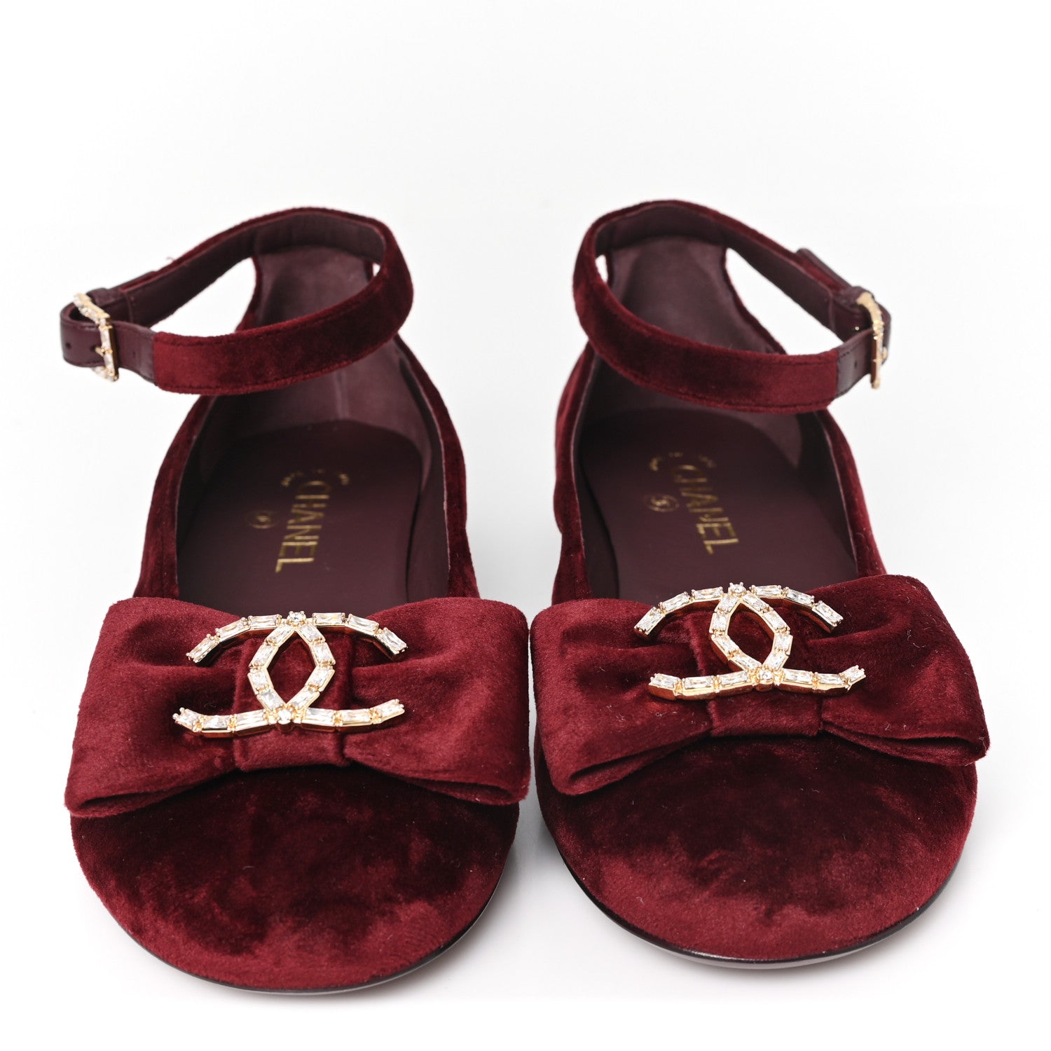 Chanel Velvet Strass CC Bow Mary Jane Flats 39 Burgundy 3 of 10
