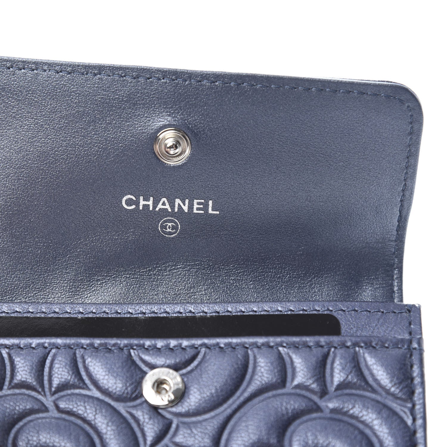 Chanel Goatskin Camellia Embossed Flap Card Holder Wallet Dark Blue 6 of 9