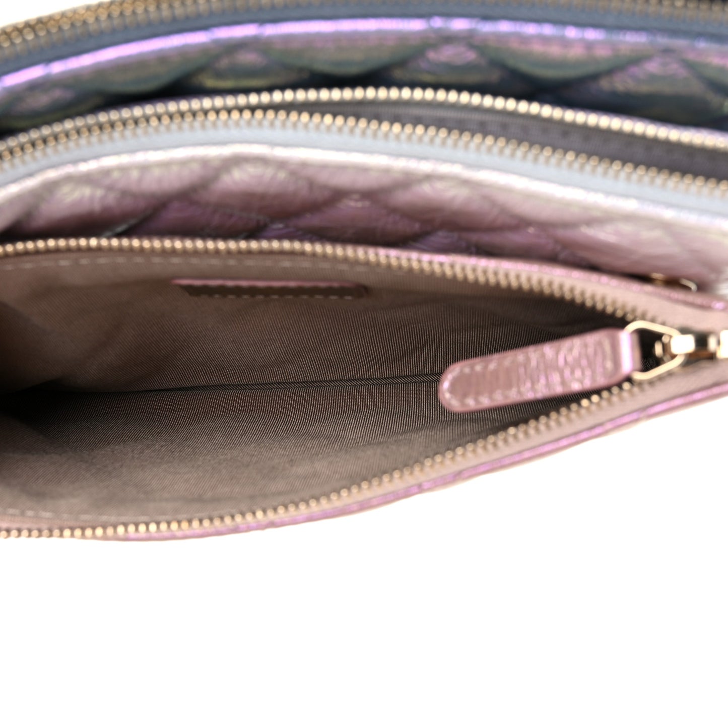 Iridescent Crumpled Calfskin Trio Cosmetic Case Blue Pink Ivory