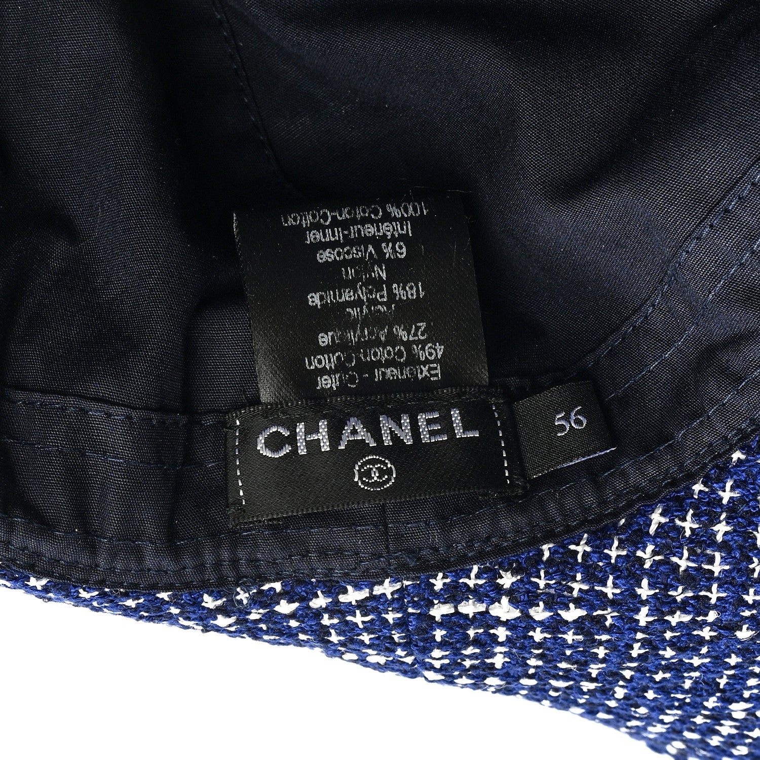 Chanel Tweed Cotton Wide Brim Hat 56 Navy White Black 8 of 8