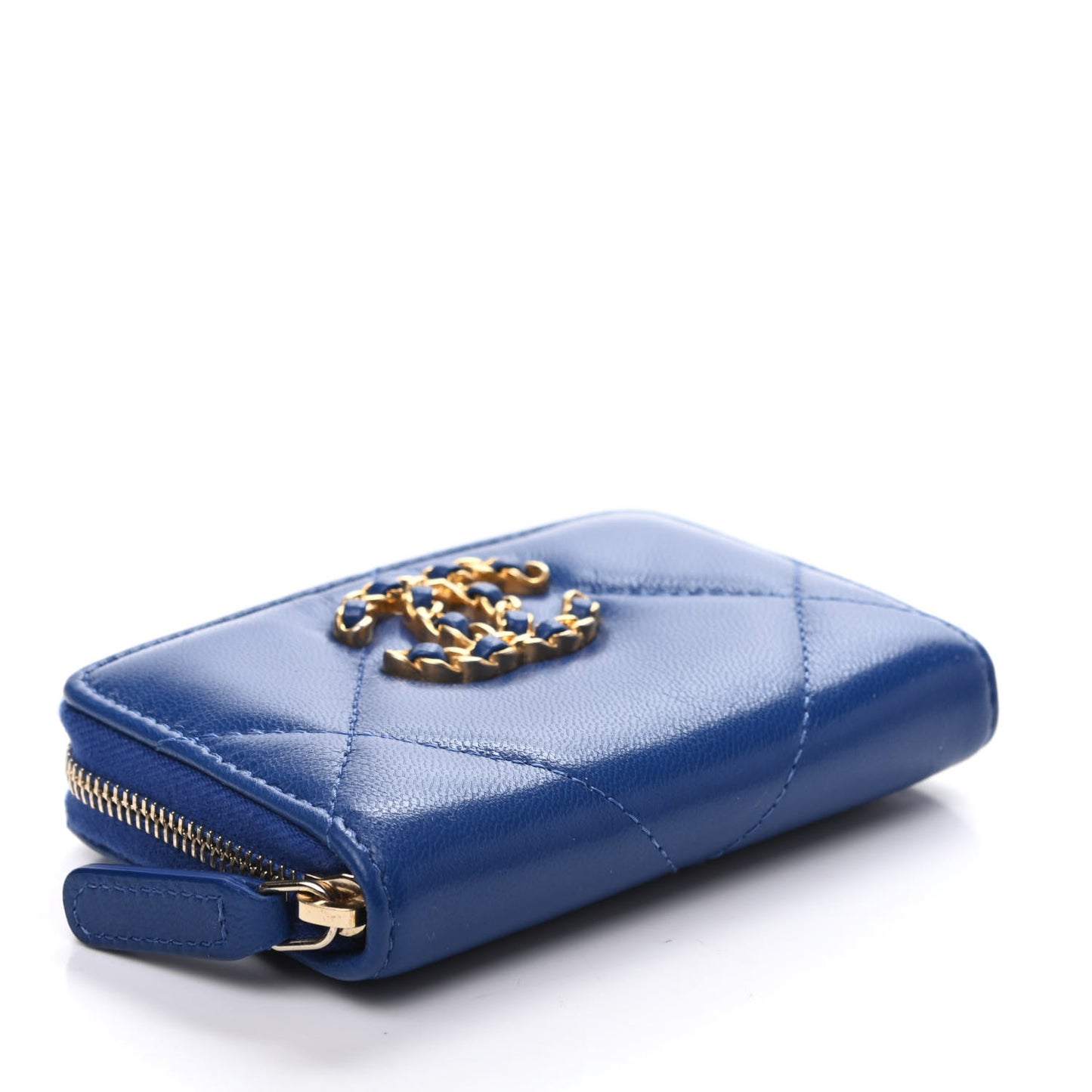 Goatskin Quilted Chanel 19 Zip Around Coin Purse Wallet Blue