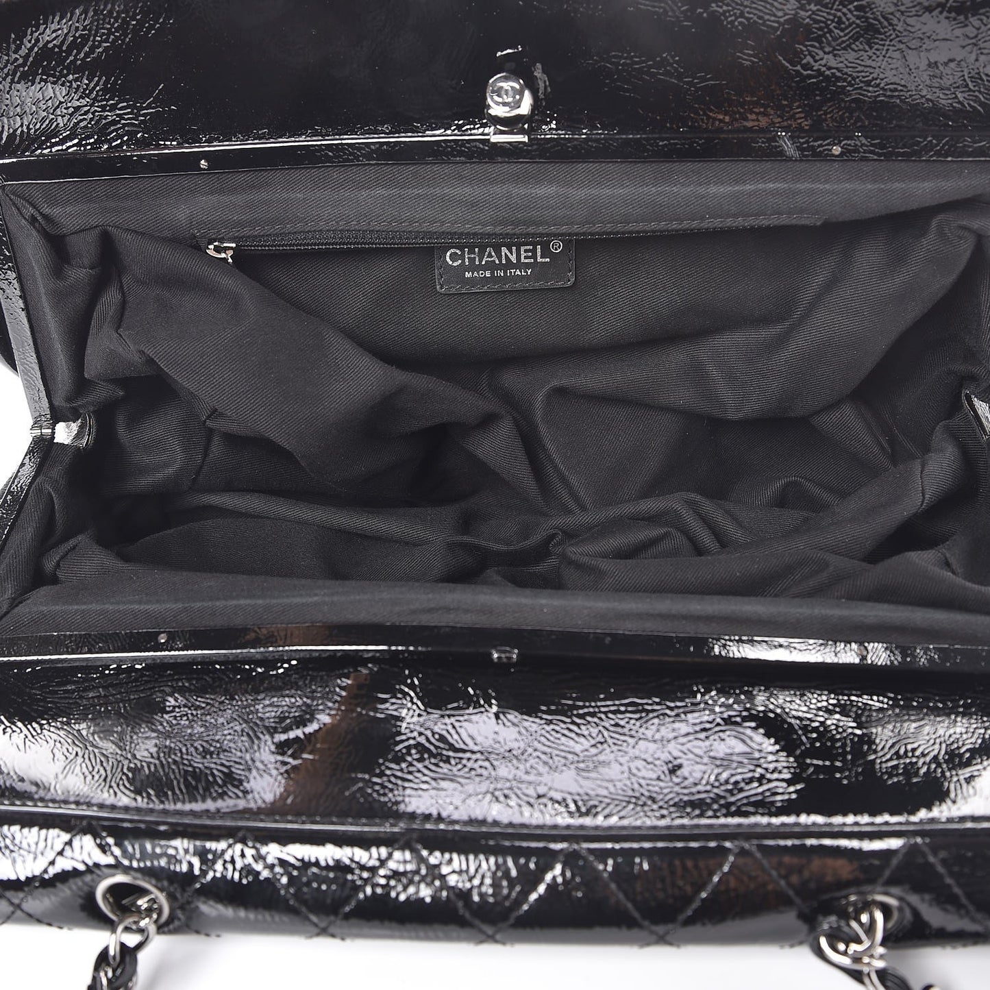 Distressed Patent Quilted Ritz Flap Bag Black
