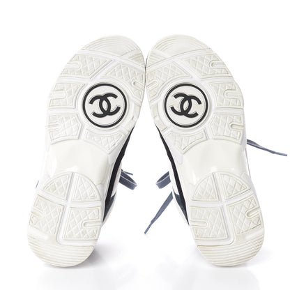 Chanel Nylon Calfskin Suede CC Womens Sneakers 37 Navy White Orange 6 of 6