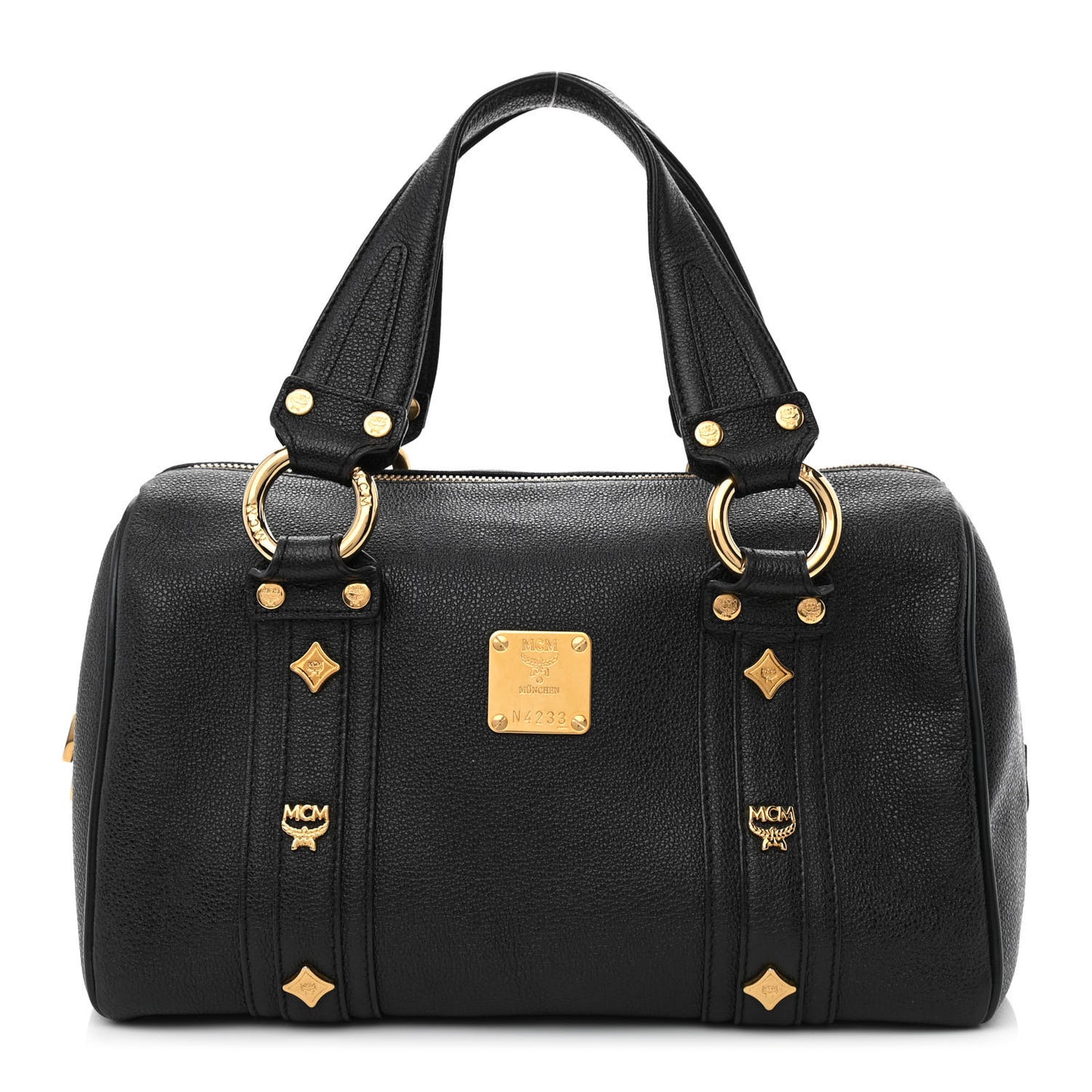 Grained Calfskin Studded Boston Bag Black