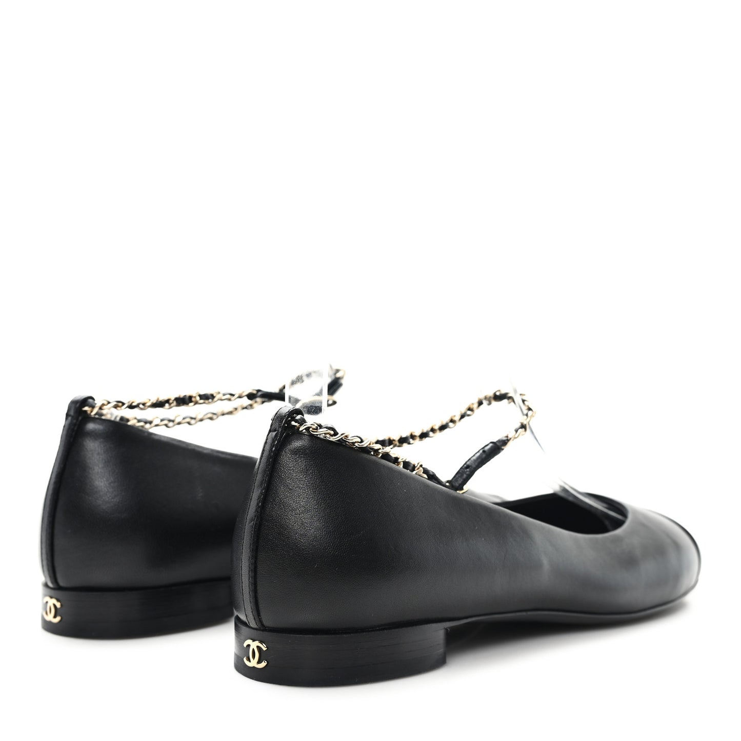 Lambskin Cap Toe CC Ankle Chain Ballerina Flats 36.5 Black