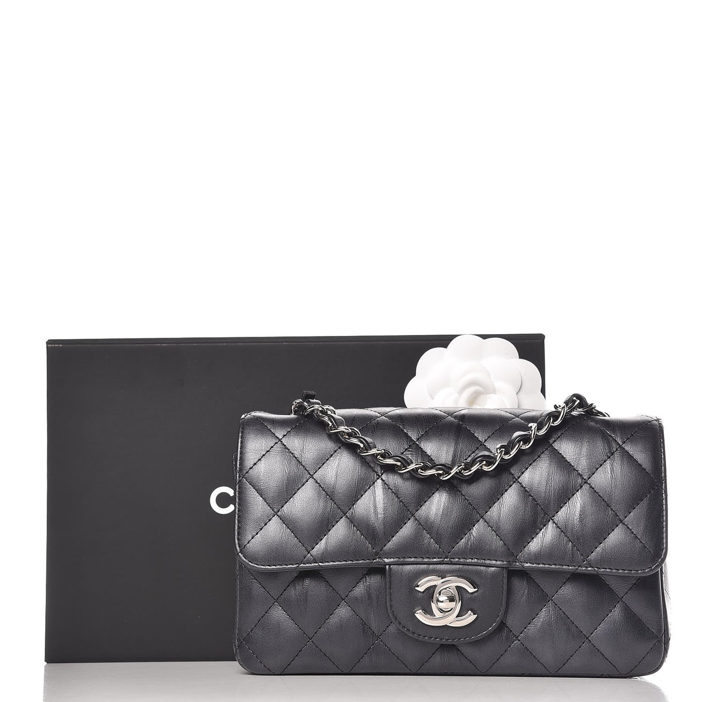 Iridescent Calfskin Quilted Mini Rectangular Flap Charcoal