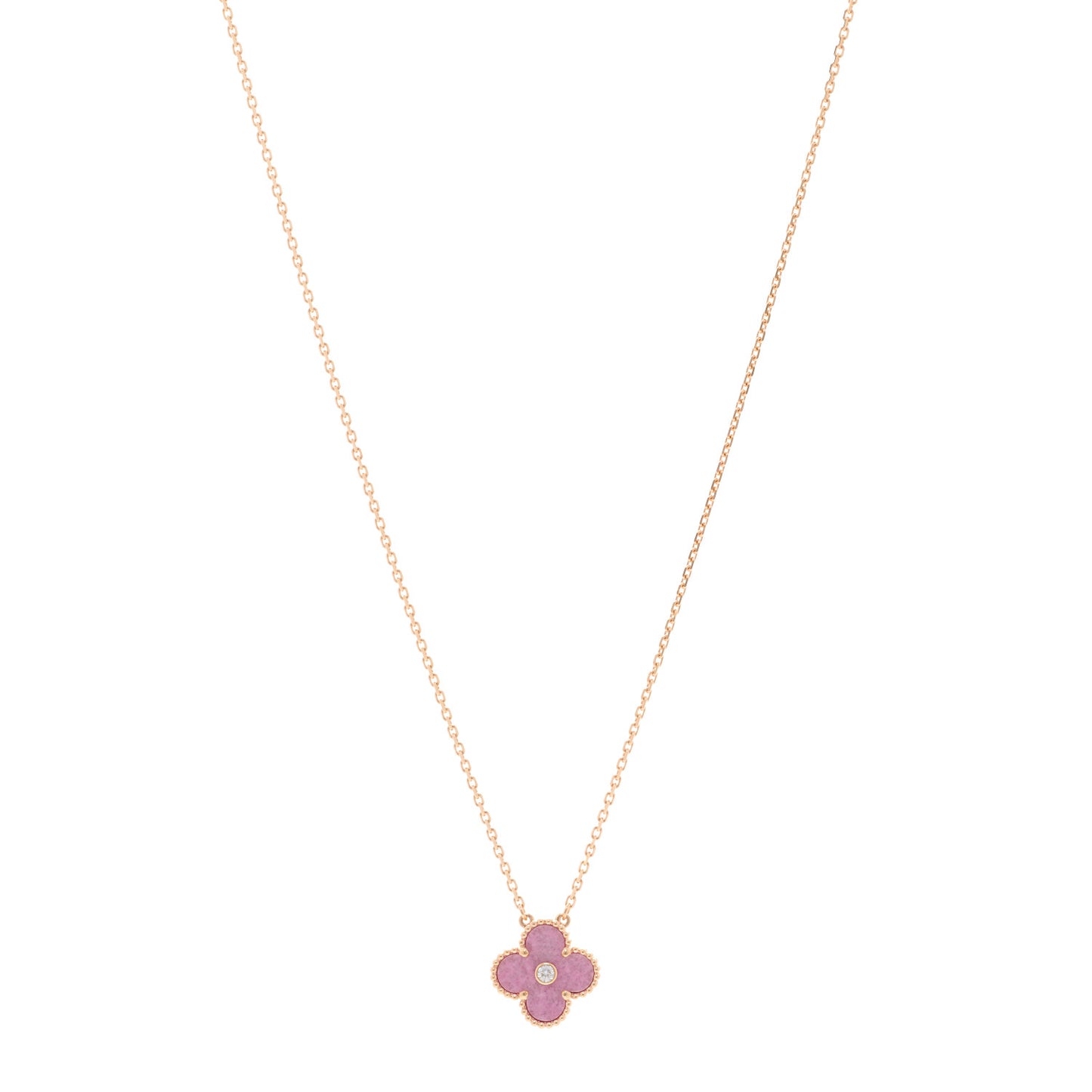 18K Rose Gold Diamond Rhodonite Vintage Alhambra Pendant Necklace