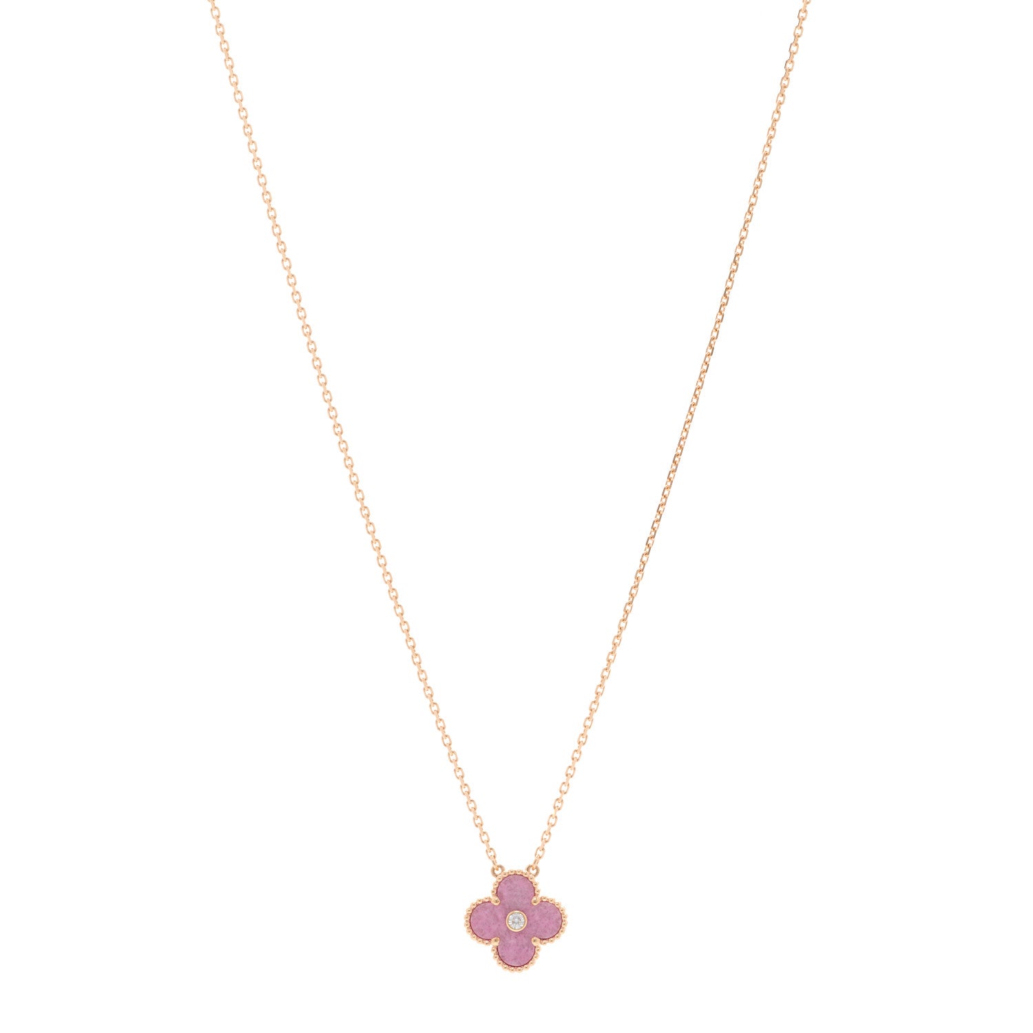 Van Cleef & Arpels 18K Rose Gold Diamond Rhodonite Vintage Alhambra Pendant Necklace 1 of 6