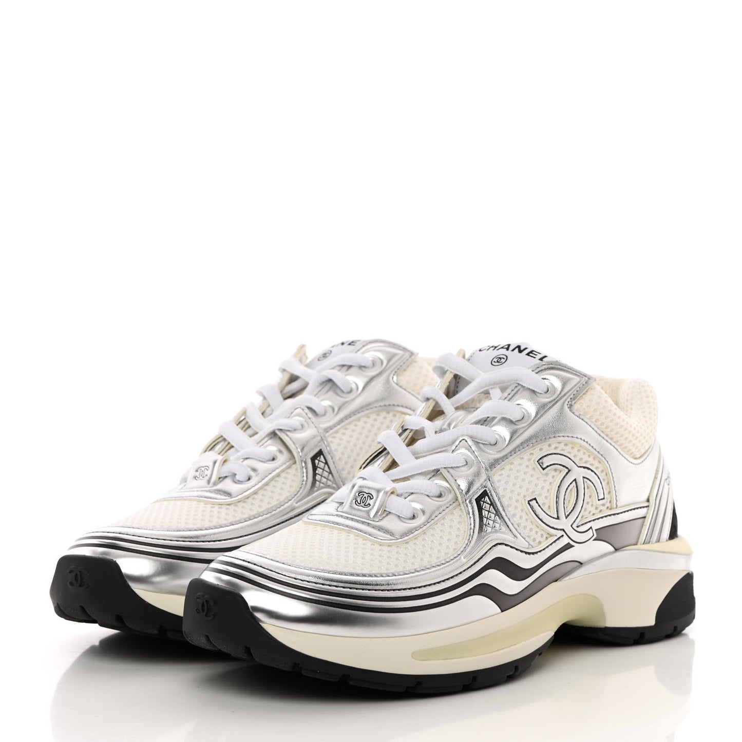 Fabric Laminated Calfskin Stretch CC Sneakers 37 White Silver