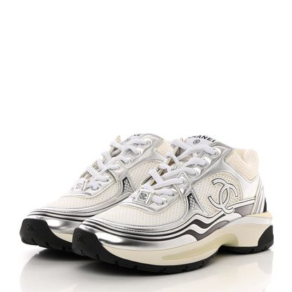 Chanel Fabric Laminated Calfskin Stretch CC Sneakers 37 White Silver 3 of 10
