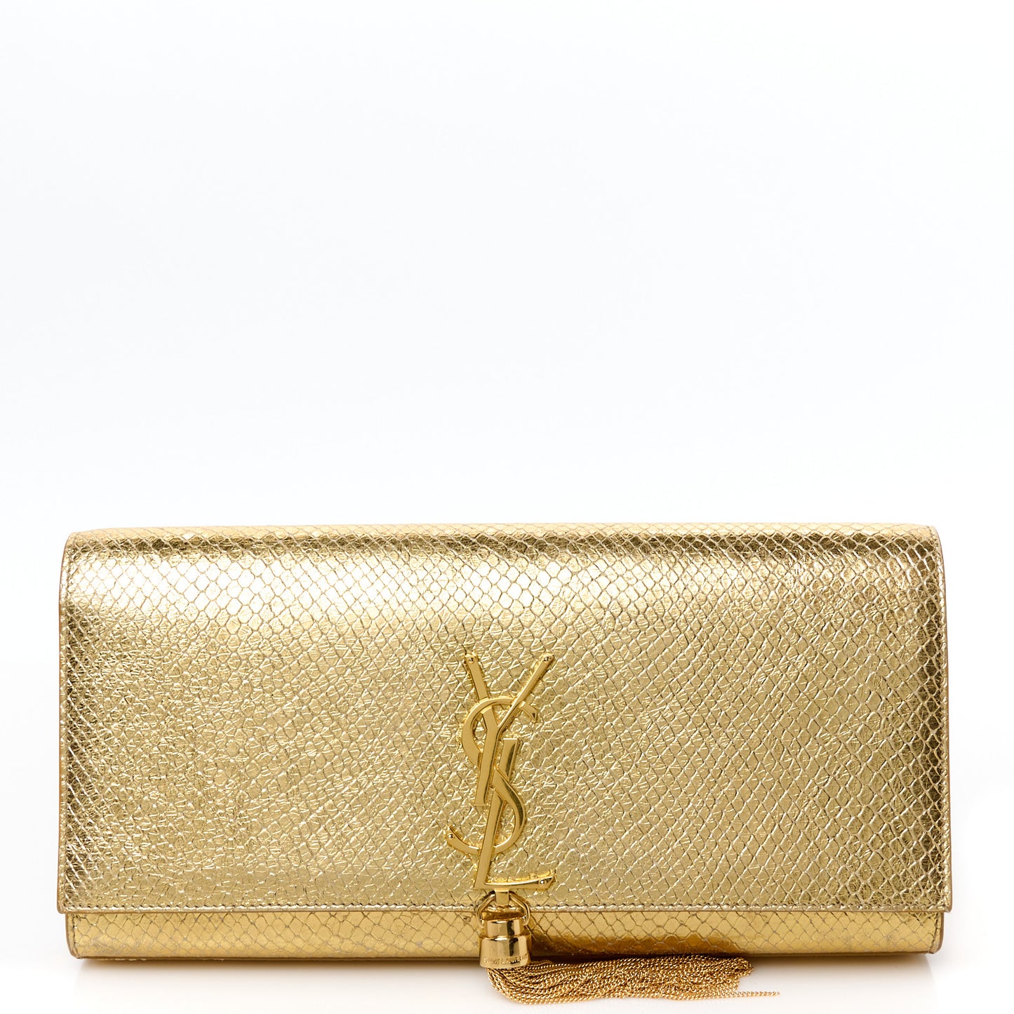 Metallic Calfskin Snakeskin Embossed Classic Monogram Tassel Clutch Gold