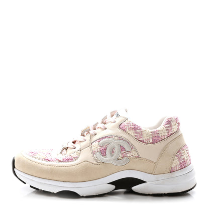 Chanel Tweed Suede Calfskin Womens CC Sneakers 39 Pink Ecru 1 of 8