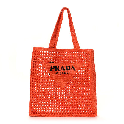 Prada Yarn Raffia Effect Crochet Logo Embroidered Tote Bag Arancio 1 of 9
