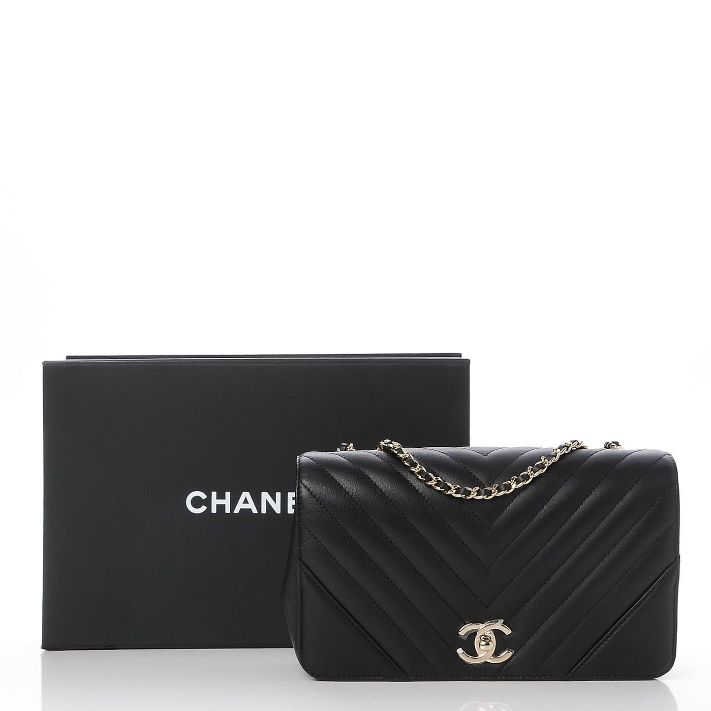 Calfskin Chevron Quilted Small Statement Flap Black