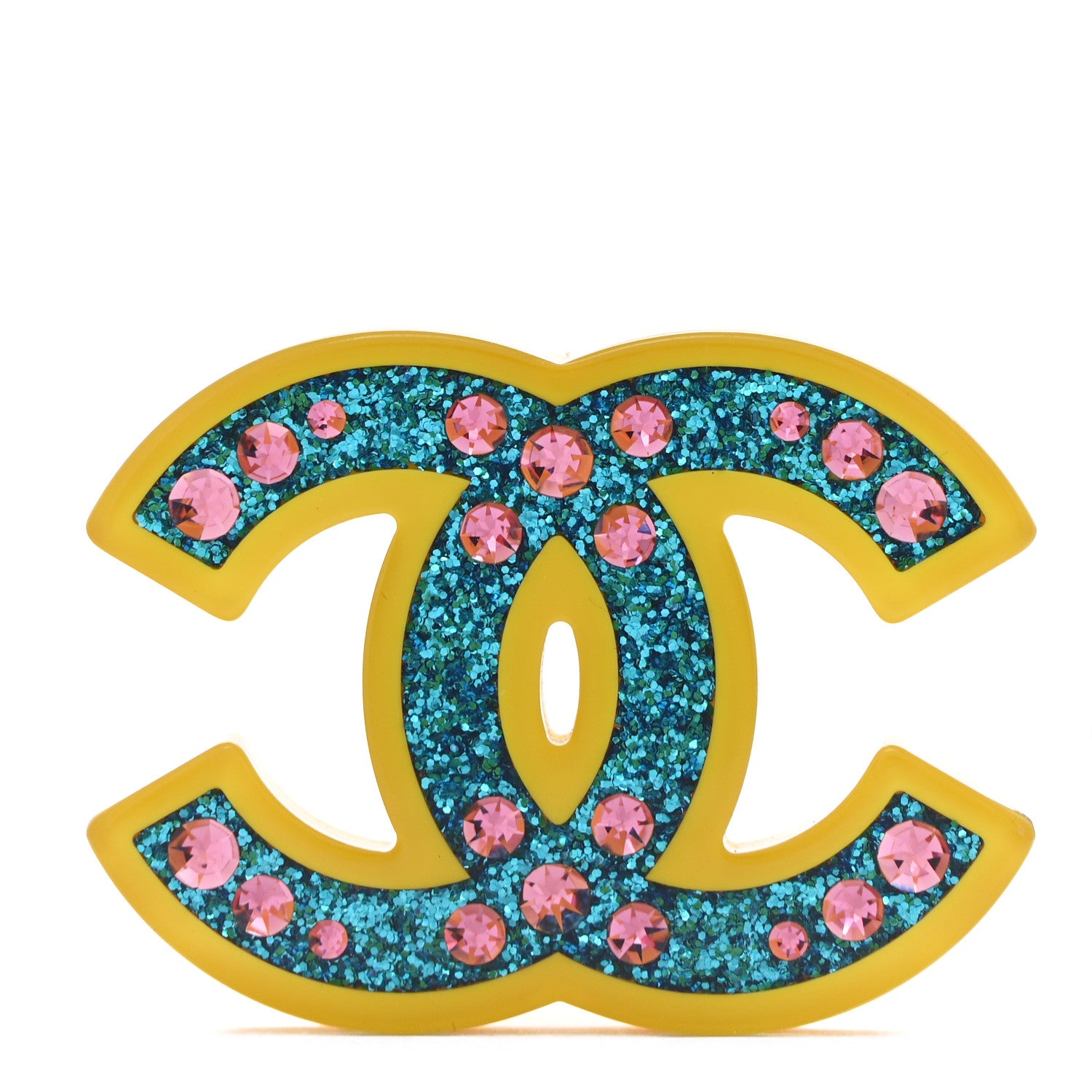 Chanel Resin Glitter Crystal CC Brooch Yellow Blue 1 of 4