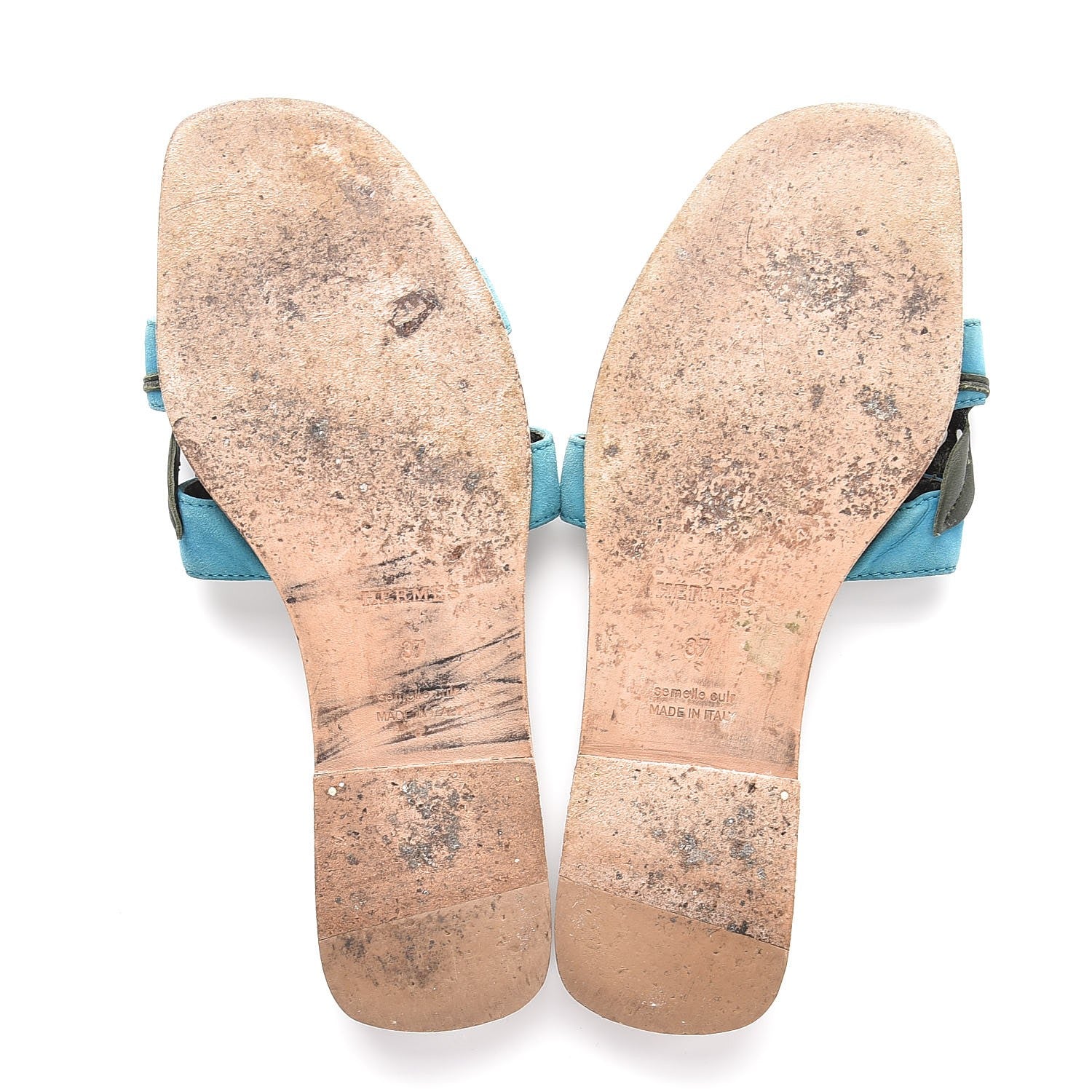 Hermes Suede Goatskin Nappa Oran Laurier Sandals 37 Bleu Thalassa Khaki 7 of 15