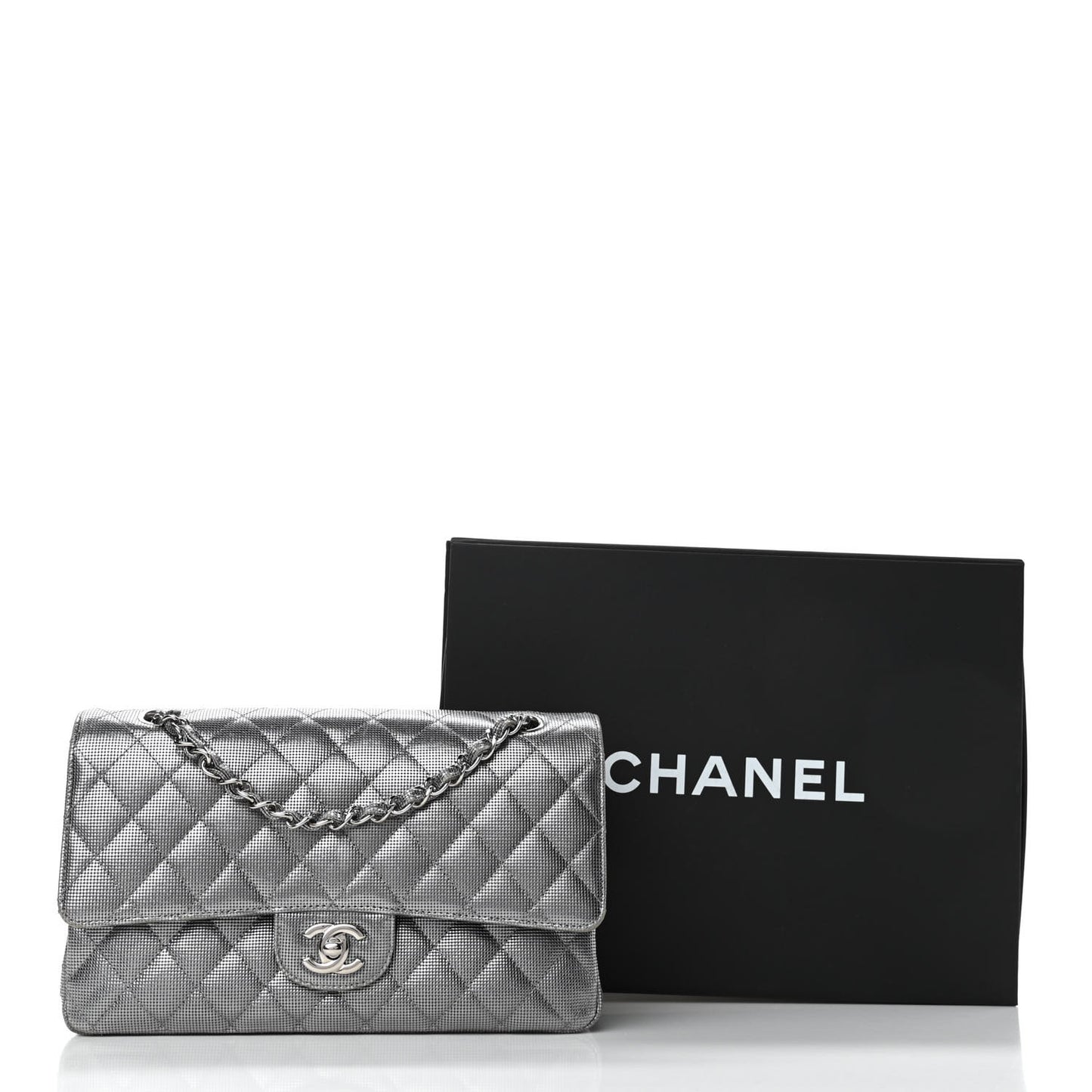 Calfskin Metallic Pixel Effect Medium Double Flap Silver