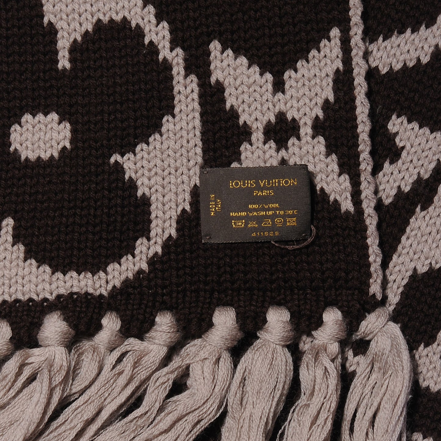 Monogram Knit Wool Fringe Scarf Ebene