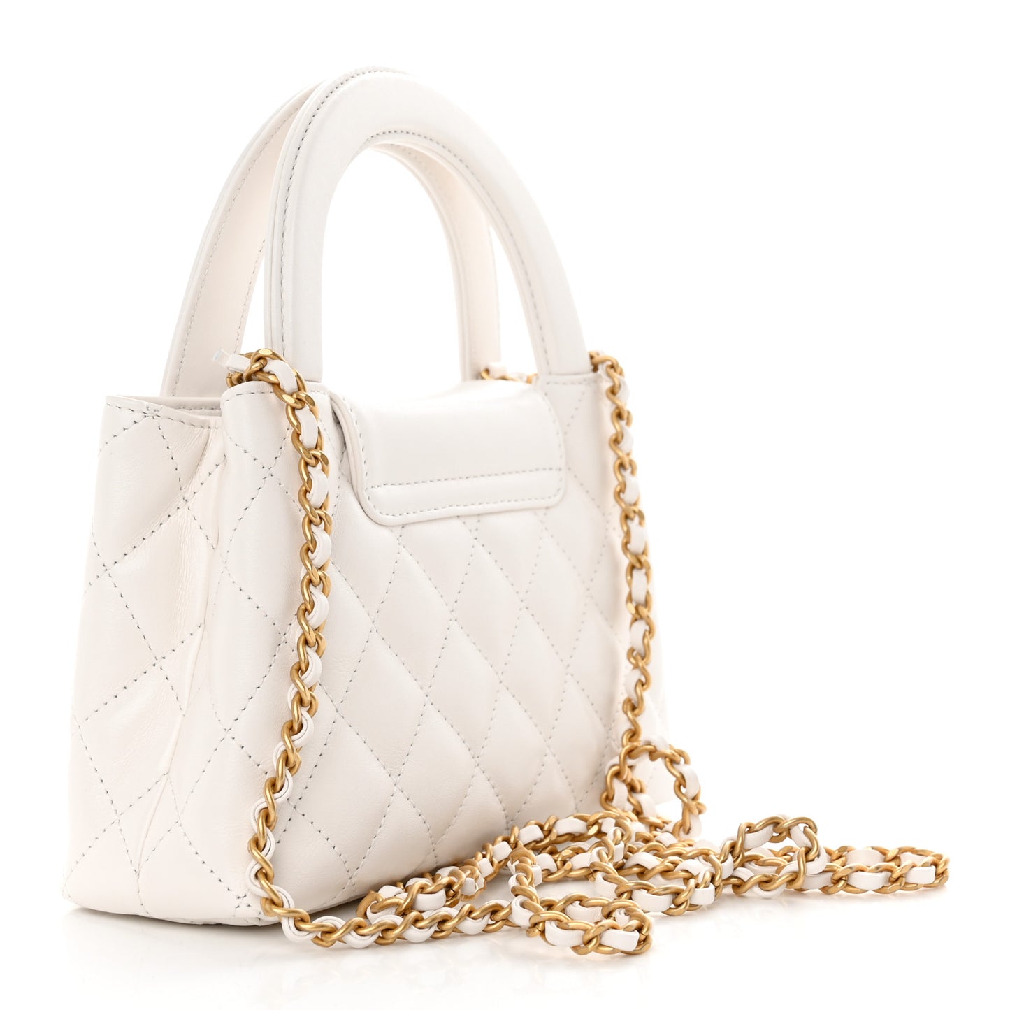 Shiny Aged Calfskin Quilted Nano Kelly Shopper White
