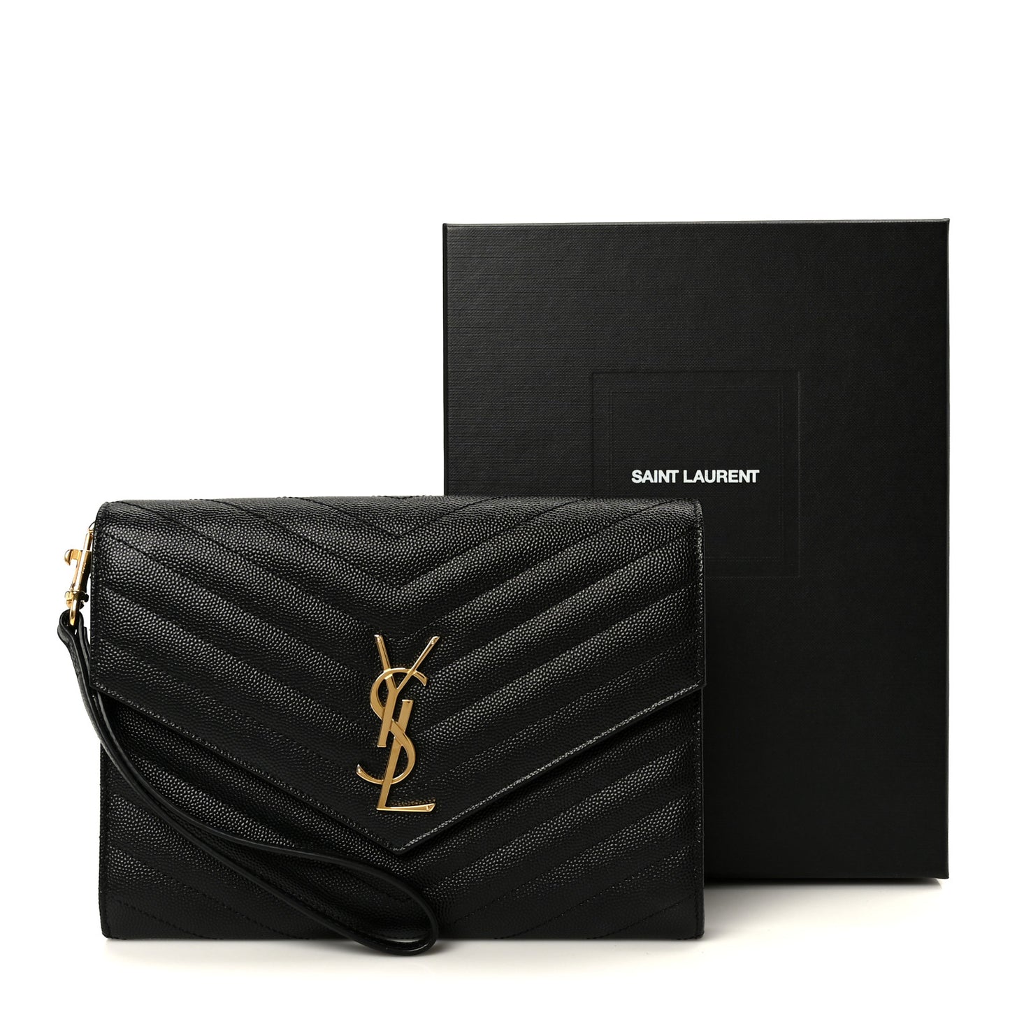 Grain De Poudre Matelasse Chevron Monogram Cassandre Flap Pouch Black