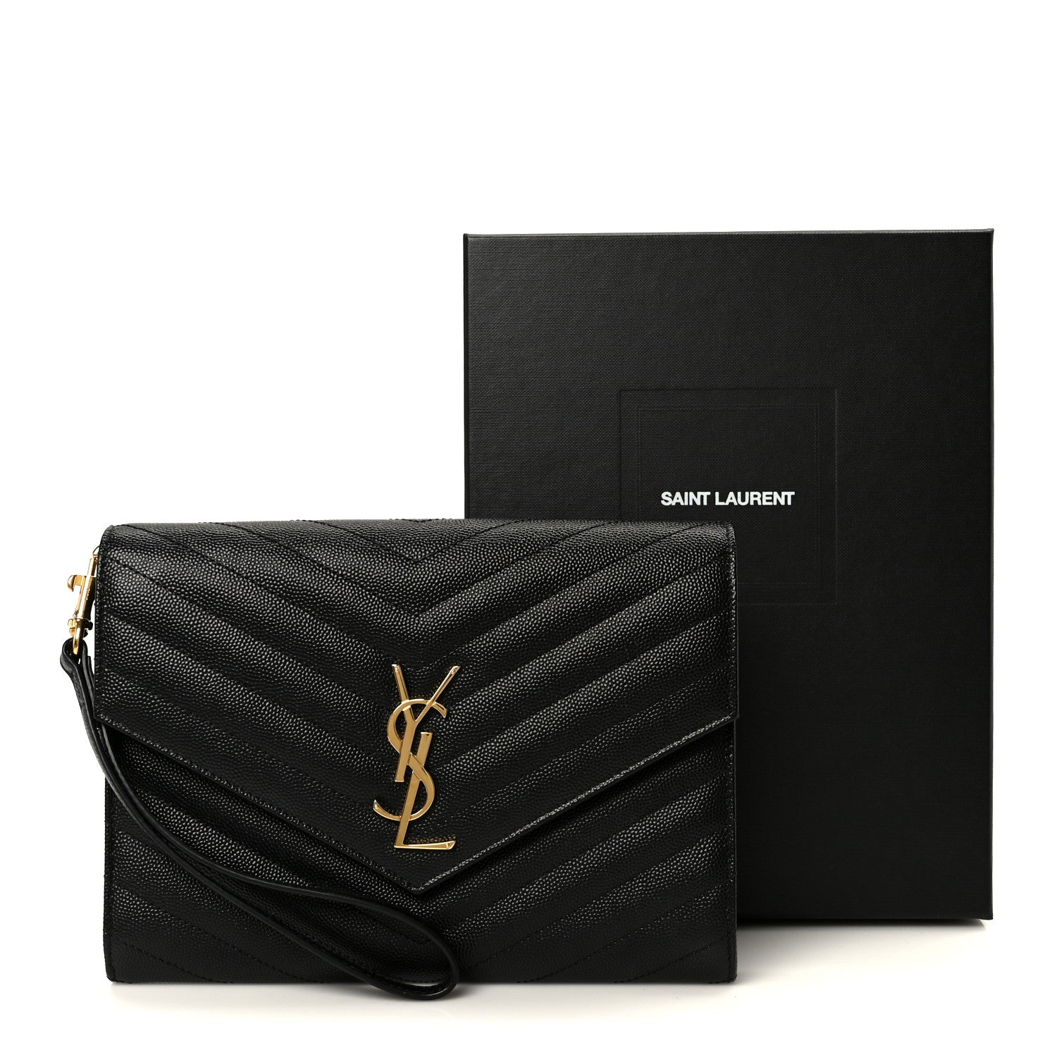 Saint Laurent Grain De Poudre Matelasse Chevron Monogram Cassandre Flap Pouch Black 9 of 9