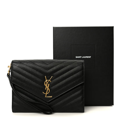 Saint Laurent Grain De Poudre Matelasse Chevron Monogram Cassandre Flap Pouch Black 9 of 9