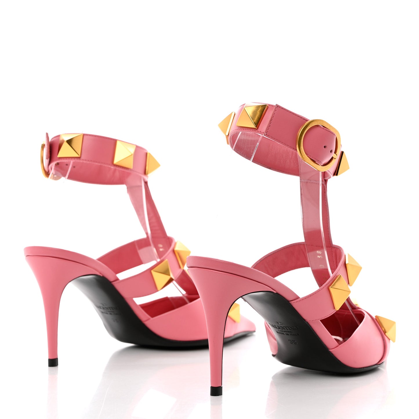 Calfskin Roman Stud Ankle Strap 80mm Pumps 38 Flamingo Pink