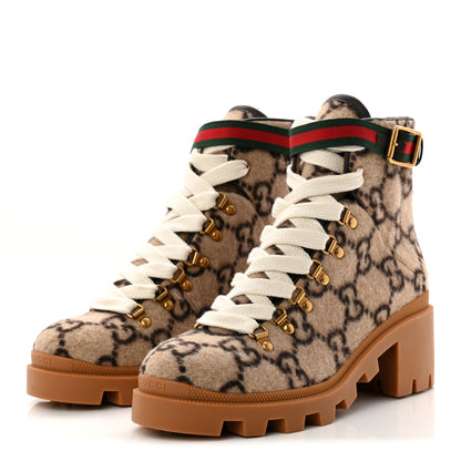 Gucci Covered Wool Big GG Monogram Womens Lace Up Combat Ankle Boots 39 Beige Ebony Cocoa 4 of 10
