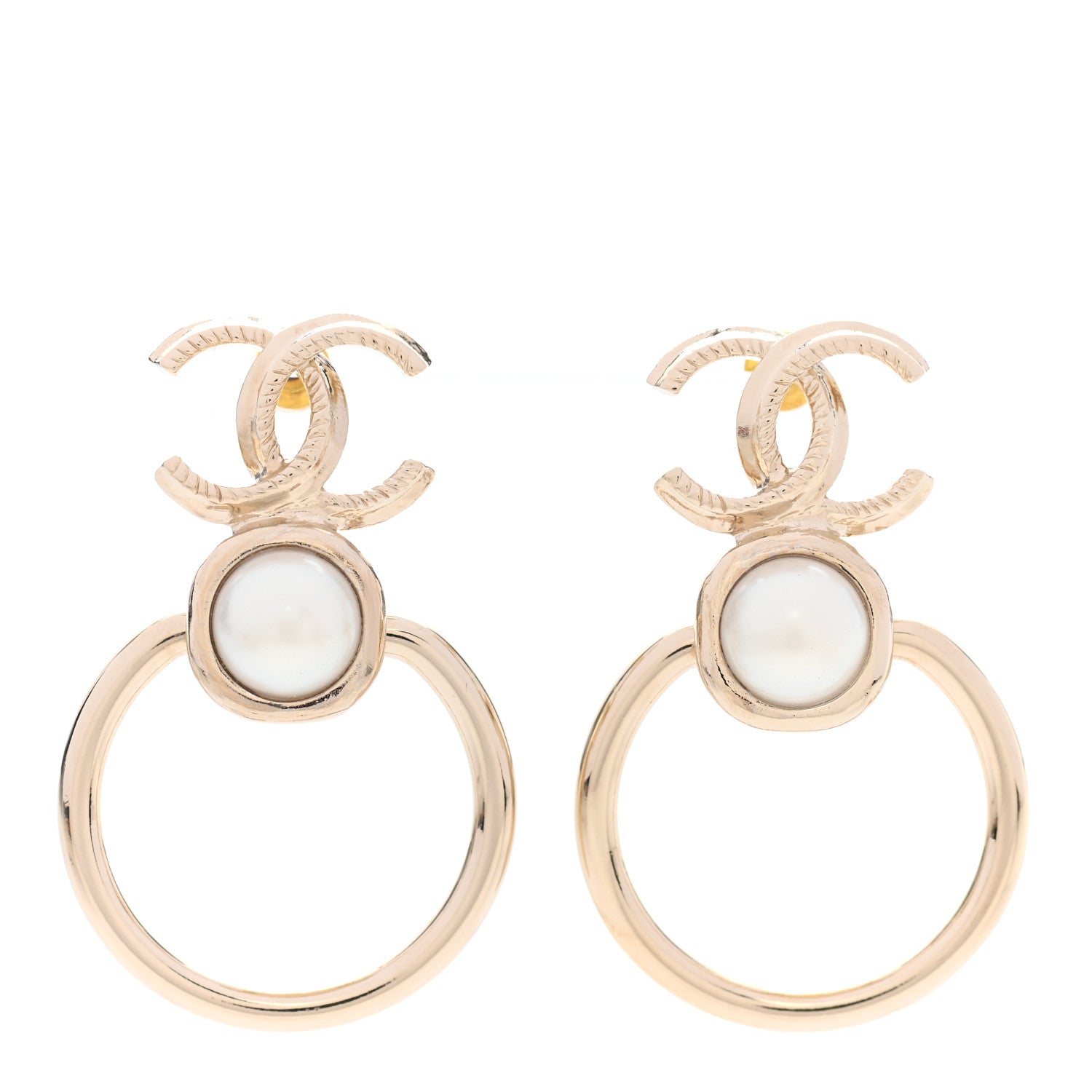 Chanel Metal Pearl CC Hoop Drop Earrings Gold 1 of 4